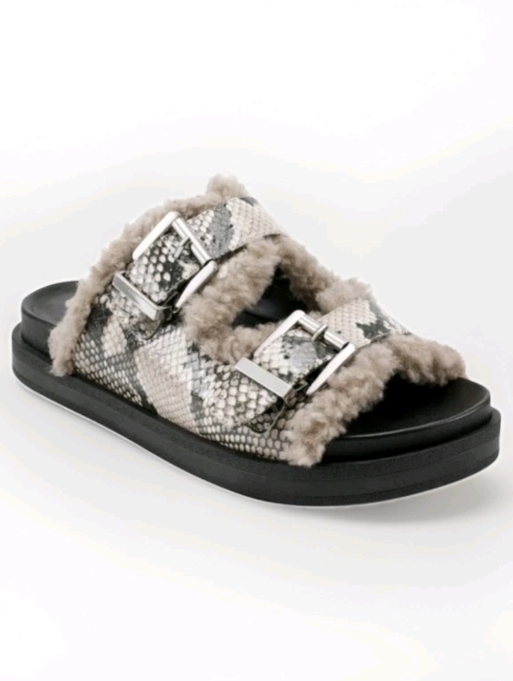 NEW Aerosoles Olivia Sandals Slides Black Snake Print Leather Sherpa Lined Sz 9